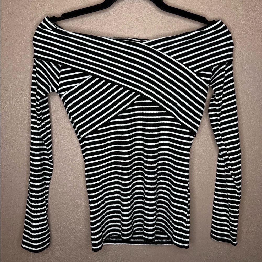 Cotton On Striped Print Ribbed Crossover Long Sleeve Top Size Small Preppy Y2K - Picture 2 of 14